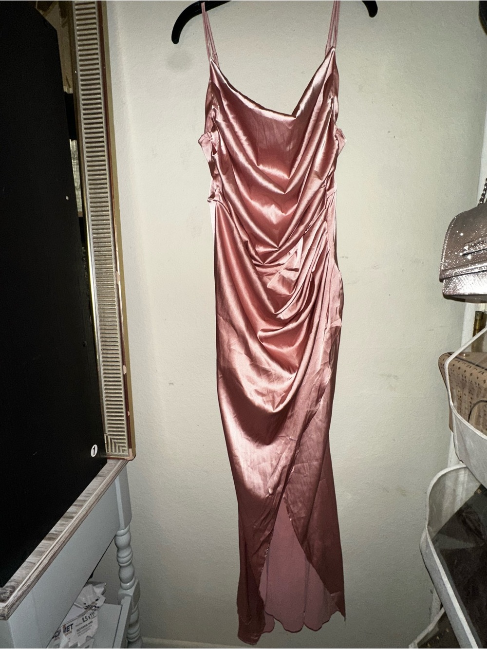 Shein satin rose pink long dress with high slit size XL